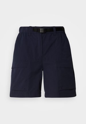 Navy cargo shorts made of lightweight fabric, featuring a waistband with a black adjustable belt and multiple side pockets.