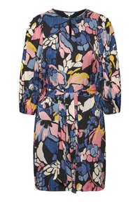 Robe florale avec un fond noir ornée de fleurs bleues, roses et jaunes, des manches froncées, une ceinture à nouer et un col rond.