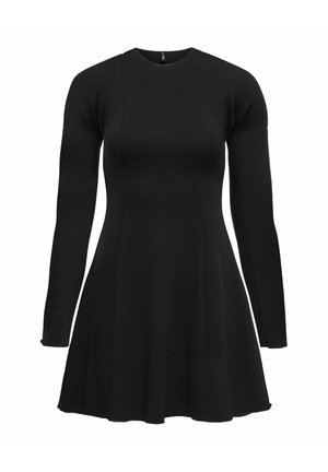 Sort knælang kjole med lange ærmer, tætsiddende overdel og udvidet nederdel. Fremstillet af glat stof med enkelt design og rund halsudskæring.