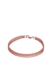 Armband aus roségoldfarbenem Metall mit einem Netzdesign und verflochtenen Gliedern, einer glatten Oberfläche und einem sicheren Verschluss.