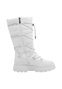 Λευκή χειμερινή μπότες ως το γόνατο με χοντρή σόλα, φερμουάρ στο πλάι και διακοσμητικά κορδόνια σε σταυρωτή διάταξη στην επένδυση.