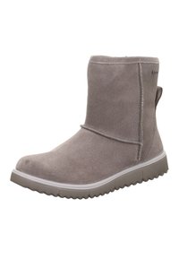 Grijze suède enkellaars met een ronde neus, zachte textuur, een versterkte hak en een rubberen zool met een lichte profielpatroon.