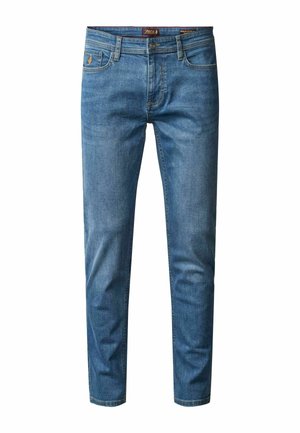 Moške modre kavbojke iz ozkega jeansa s klasičnim pet žepov in zapiranjem na gumbe, prikazane na belem ozadju.