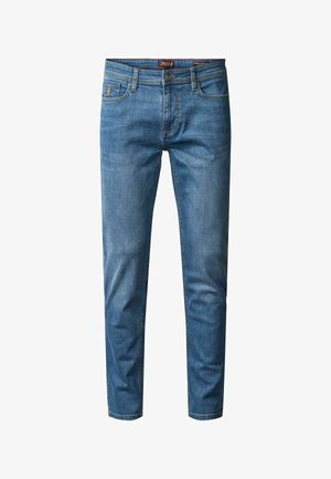 Herre-slim-fit blå denim jeans med klassisk fem-lomme design og knaplukning, vist mod en hvid baggrund.