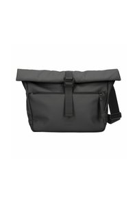 Bolsa enrollable gris hecha de material duradero. Cuenta con un resistente broche, un bolsillo con cremallera y una correa ajustable. Superficie texturizada con un patrón geométrico.