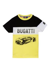 T-Shirt mit kurzen Ärmeln aus Baumwolle in Schwarz, Weiß und Gelb, mit einem Bugatti-Auto-Graphic und dem Text 'BUGATTI'. Strukturierter Stoff und weicher Kragen.