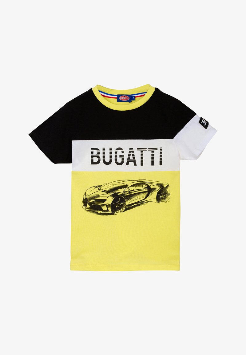 T-Shirt mit kurzen Ärmeln aus Baumwolle in Schwarz, Weiß und Gelb, mit einem Bugatti-Auto-Graphic und dem Text 'BUGATTI'. Strukturierter Stoff und weicher Kragen.