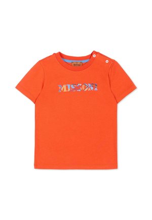 T-shirt orange vif à manches courtes pour tout-petit avec deux pressions blanches aux épaules et texte "MISSONI" en lettres multicolores à motifs sur la poitrine.