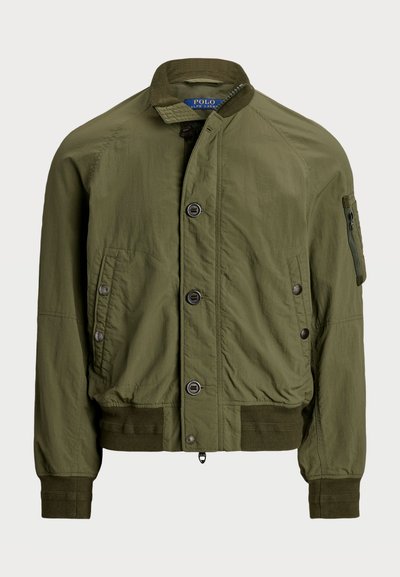 Olive green bomber jacket with a stand-up collar, front button closures, elastic cuffs, a pocket on the left sleeve, and a smooth texture.