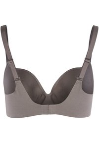 Szary stanik bezszwowy z głębokim dekoltem, regulowanymi ramiączkami i zapięciem na haftkę z tyłu. Gładka faktura materiału.