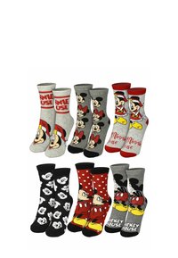 Set di otto calzini in cotone con personaggi Disney. I colori includono grigio, rosso, nero e bianco. I motivi comprendono pois, facce dei personaggi e testo.