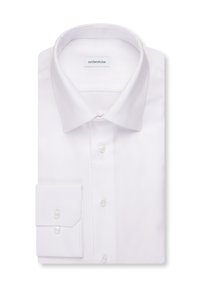 Chemise blanche pour homme, pliée, avec col italien, poignets à boutons et étiquette de marque visible "seidensticker" à l'intérieur du col.