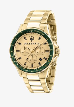 Goldener Edelstahl-Armbanduhren mit grünem Lünette, goldenem Zifferblatt und schwarzen römischen Ziffern. Verfügt über einen Chronographen und eine Wasserdichtigkeit von bis zu 100 Metern.