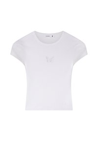 T-shirt bianco a coste con maniche corte a cappuccio e un piccolo dettaglio ricamato a forma di farfalla al centro del petto. Etichetta di taglia S visibile.