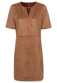 Robe en daim marron à manches courtes, décolleté rond et détail de découpe à l'avant. Présente des lignes de couture pour une structure et une texture lisse.