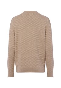 Beżowy sweter z długim rękawem o subtelnym wzorze w kratkę, z prążkowanymi mankietami i dolnym wykończeniem, pokazany od tyłu.