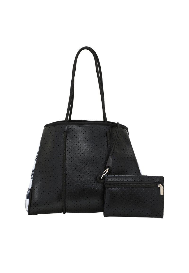 Borsa tote nera perforata con due manici lunghi e una pochette con zip staccabile, caratterizzata da una superficie testurizzata e una sezione bianca a contrasto.