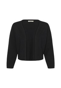 Schwarze, kurz geschnittene Strickjacke mit offenen Vorderteilen, langen Ärmeln und weichem Strickstoff, entworfen für lässige Outfits.