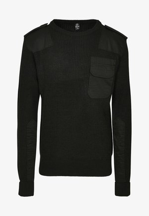 Schwarzer Strickpullover mit Rundhalsausschnitt, strukturiertem Stoff, Schulterpatches, einer Brusttasche und gerippten Bündchen.