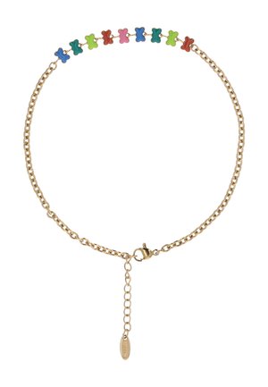 Zlatý řetízek s řadou malých barevných přívěsků ve tvaru medvídků poblíž zapínání a s nastavitelným prodlužovacím řetízkem.