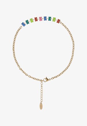 Złoty łańcuszek z wisiorkami w kształcie małych, kolorowych misiów ułożonych w rzędzie blisko zapięcia, z regulowanym przedłużeniem.