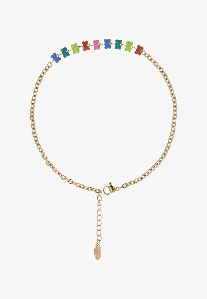 Złoty łańcuszek z wisiorkami w kształcie małych, kolorowych misiów ułożonych w rzędzie blisko zapięcia, z regulowanym przedłużeniem.
