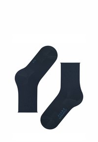 Dunkelblau Baumwollsocken mit gerippter Textur, ausgestattet mit verstärkter Ferse und Spitze. Größe und Markenname in Hellblau auf der Sohle aufgedruckt.