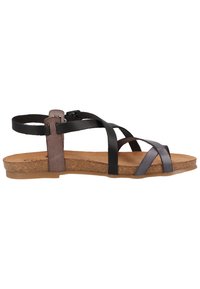 Sandali in pelle nera e marrone con plantare in sughero, caratterizzati da cinturini incrociati e chiusura con fibbia, superficie liscia e suola piatta.