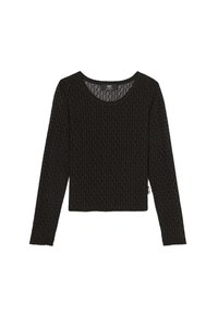 Haut noir à manches longues avec un motif texturé, comportant un col rond et une coupe droite. Matière douce avec des détails subtils.