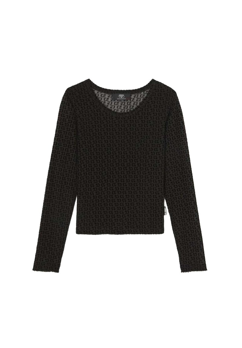 Haut noir à manches longues avec un motif texturé, comportant un col rond et une coupe droite. Matière douce avec des détails subtils.