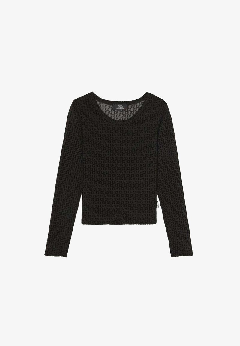 Haut noir à manches longues avec un motif texturé, comportant un col rond et une coupe droite. Matière douce avec des détails subtils.