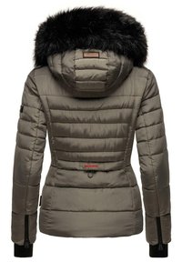 Olive green puffer jacket with a black faux fur hood, quilted design, elastic cuffs, and a red logo accent on the back waistband.