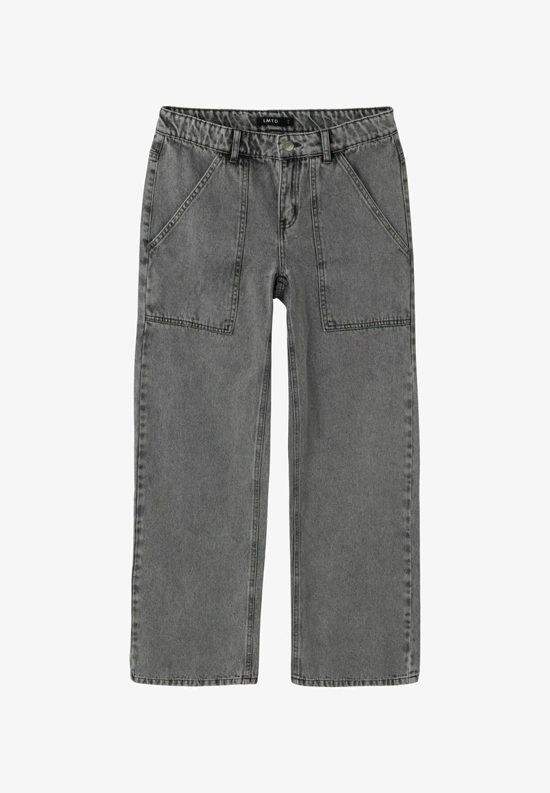Graue weite Jeans aus Denimstoff. Mit Vordertaschen und einem Knopfverschluss an der Taille. Saubere Verarbeitung und insgesamt leichte Used-Optik.