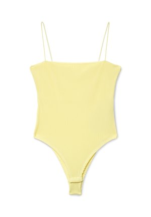 Costume intero giallo pallido a coste con sottili spalline e design a gamba alta.