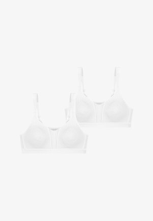 Soutiens-gorge blancs sans fil avec un design en maille respirante, dotés de larges bretelles, de bonnets lisses et d'un motif texturé subtil.