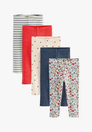 Penki leggingų poros: dryžuoti mėlynos ir baltos spalvos, vienspalviai raudoni, taškuoti kreminiai, vienspalviai mėlyni ir gėlėti su raudonomis ir mėlynomis gėlėmis ant balto fono.