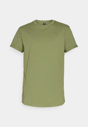Olive green short-sleeve T-shirt made of soft fabric. Features a round neckline and a small brand logo on the upper left side.