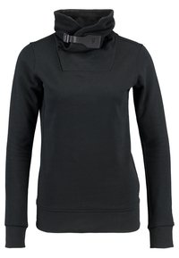 Sweat-shirt noir à manches longues avec col bénitier haut et fermeture ajustable par sangle à boucle au niveau du cou, poignets et ourlet côtelés.