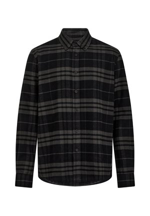 Schwarzes und graues kariertes Flanellhemd mit langen Ärmeln, Knopfleiste vorne und spitzem Kragen. Mit abgerundetem Saum und weichem Material.