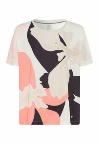 Kortærmet t-shirt lavet af blødt materiale, prydet med et blomstermønster i pink, sort, beige og cremefarve med en rund halsudskæring.