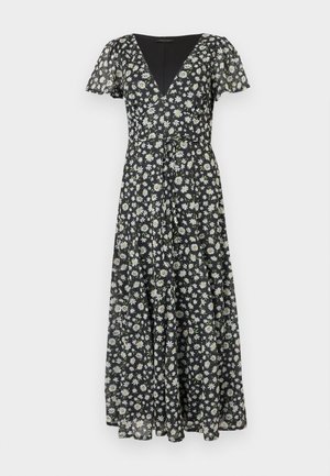 Μαύρο midi φόρεμα με λευκό σχέδιο μαργαρίτας, V-λαιμόκοψη, κοντά μανίκια τύπου φλάτερ και εφαρμοστή μέση με ρέοντα φούστα.