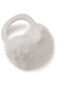 Cache-oreilles blancs et duveteux avec une fourrure douce recouvrant les coussinets d'oreille et un arceau rembourré sur un fond blanc.