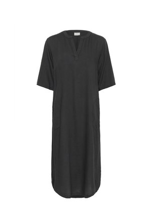 Black, knee-length dress with a V-neck, short sleeves, and side pockets. Made of lightweight material, featuring a relaxed silhouette.