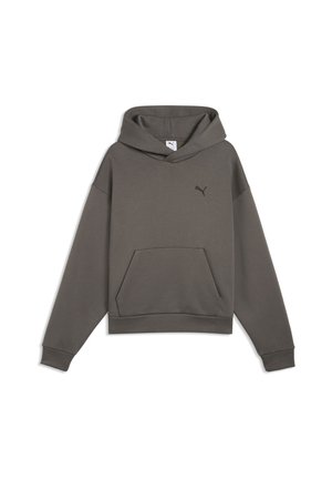 Dunkelgrauer Puma-Hoodie mit langen Ärmeln, Front-Kängurutasche und kleinem Puma-Logo auf der linken Brust.