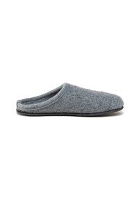 Gray felt slipper with a closed toe and an open back. Features a soft texture and a black rubber sole for grip and durability.