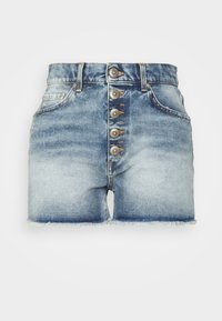 Denimshortsit, joissa on liukuvärjäys vaaleansinisestä tummansiniseen. Shortsissa on korkea vyötärö, nappilista edessä ja rispaantunut helma. Edessä kaksi taskua.