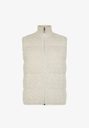 Cremfarbener, gestrickter ärmelloser Pullover mit Kabelmuster und Frontreißverschluss, mit hochgestricktem Kragen.