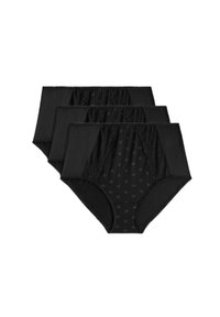 Drie paar zwarte hoge taille slipjes van gladde stof. Voorzien van bloemenkantaccenten en een zachte, met een patroon bedrukte mesh overlay.