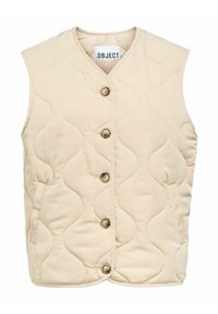 Beige gewatteerde vest met een ronde halslijn, knoopsluiting aan de voorkant en twee zijzakken, met een golvend patroon op de stof.