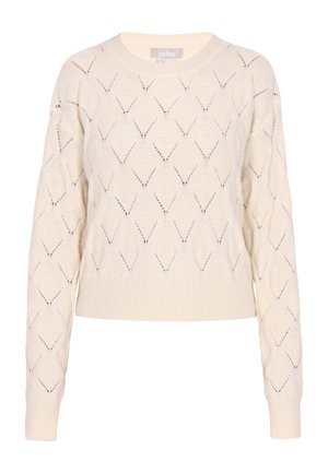 Jasnobeżowy sweter z dzianiny z wzorem w teksturowane diamenty, ściągaczami na mankietach i u dołu. Okrągły dekolt i długie rękawy.